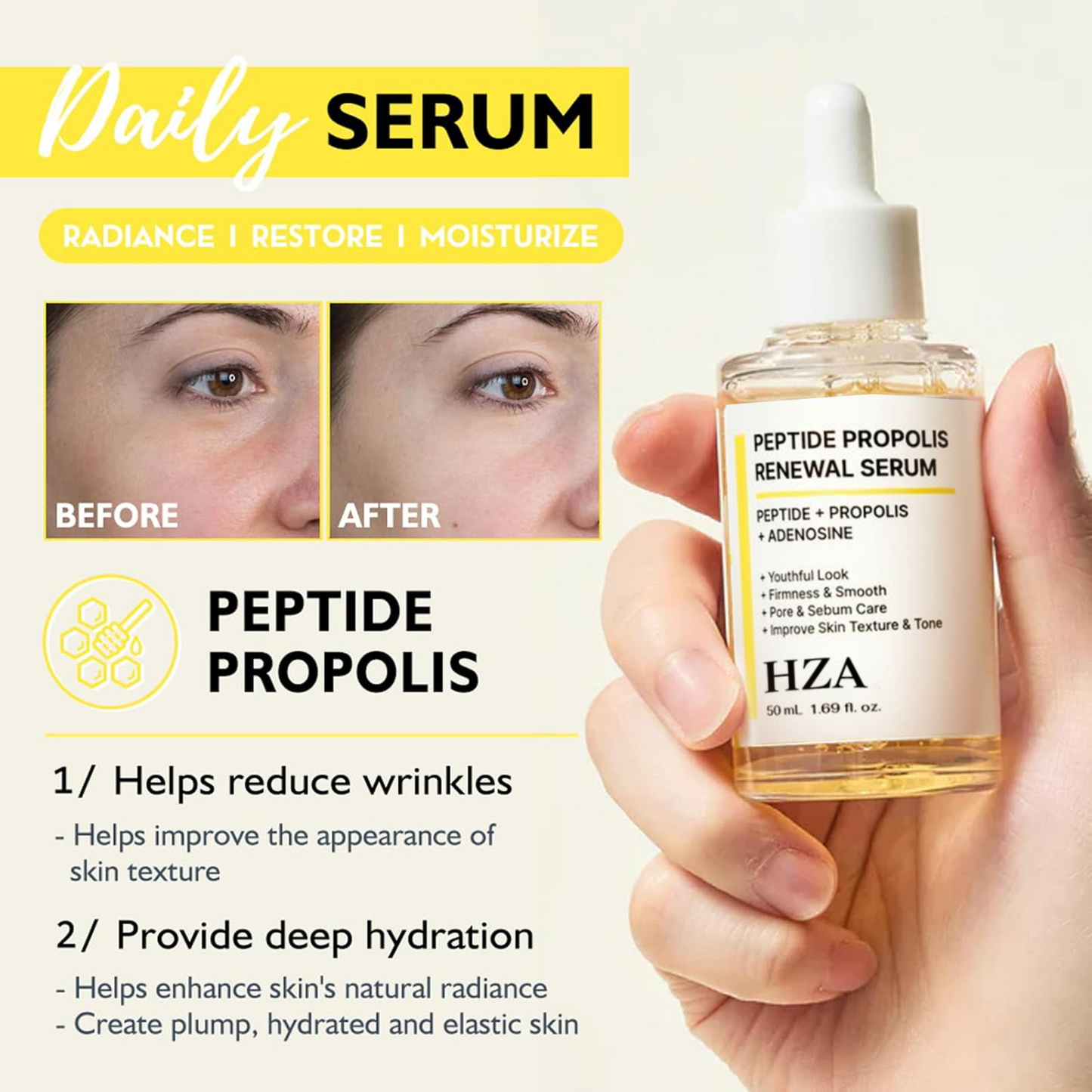 HZA Peptide Propolis Renewal Serum Wrinkles Fine Lines Aging Skin Daily Radiant
